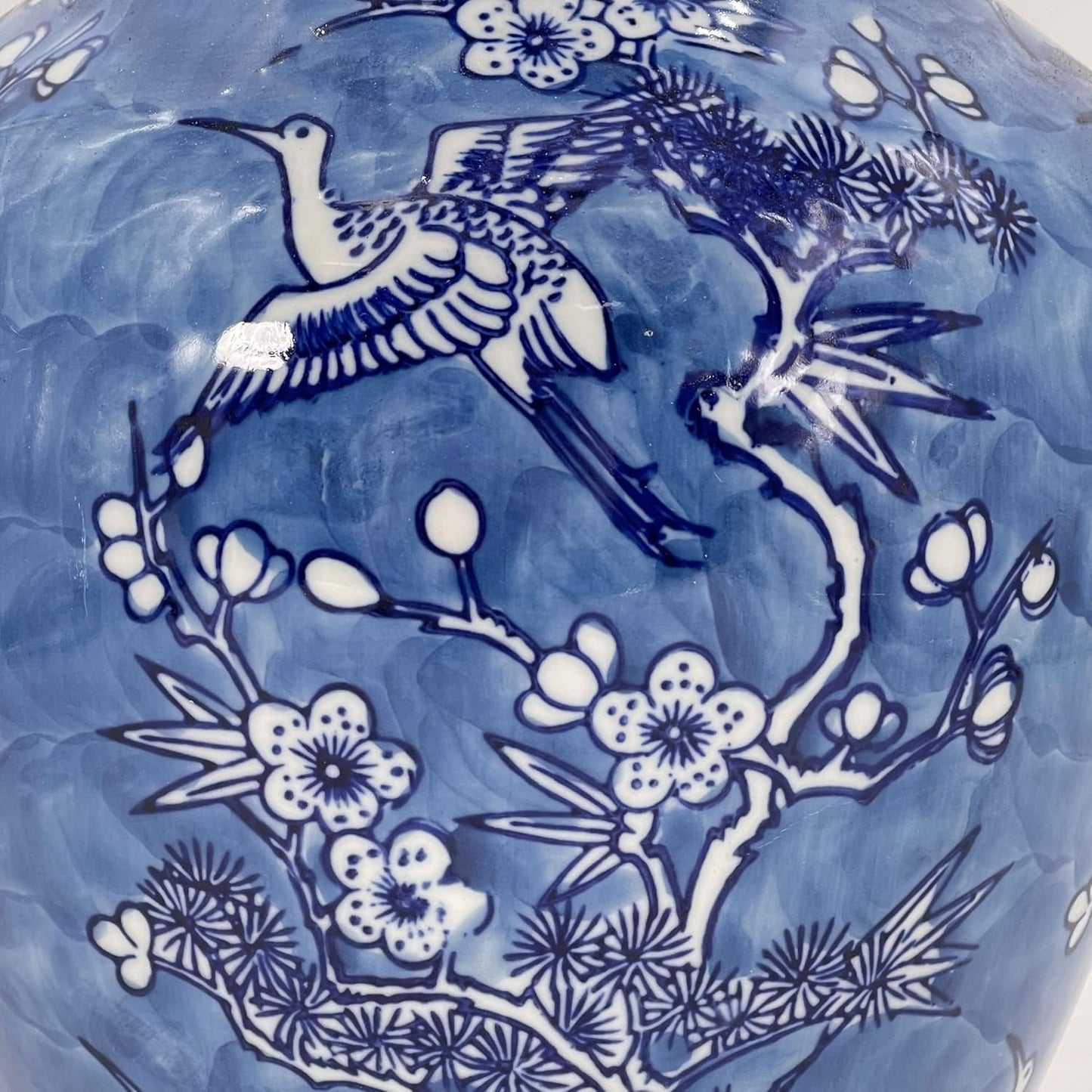 Galt International White & Blue Floral Crane Chinoiserie Ceramic Vase 14" - Hand Painted Antique Style Porcelain Bird & Flower Bottle Fishtail Porcelain Chinese Vase for Home Decor Centerpiece