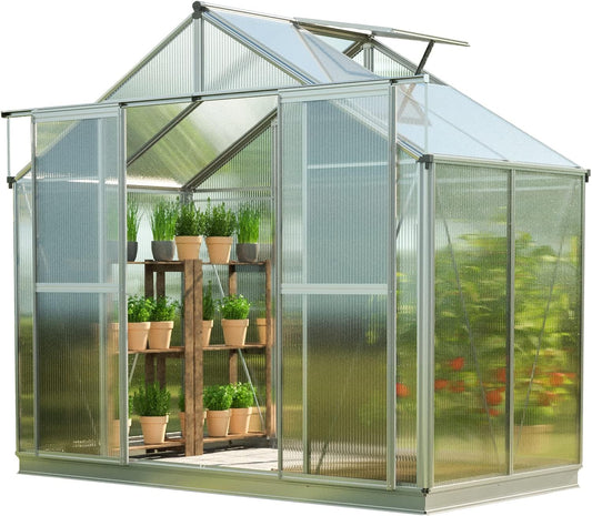 Greenhouse Topas 2 Aluminum Frame 7.4 x 4.4 ft Approx. 6 mm Polycarbonate Panels - with Bonus Base Frame and Automatic Vent Opener