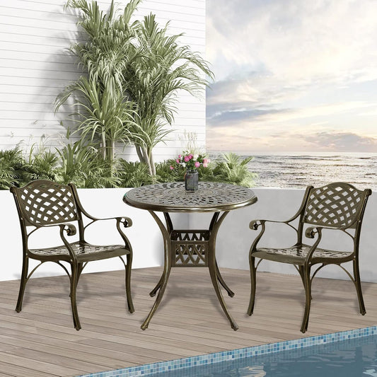 3-Piece Outdoor Patio Dining Set, All-Weather Cast Aluminum Patio Furniture Set for Backyard Garden Deck with 2 Chairs and 31” Round Table, 2" Umbrella Hole