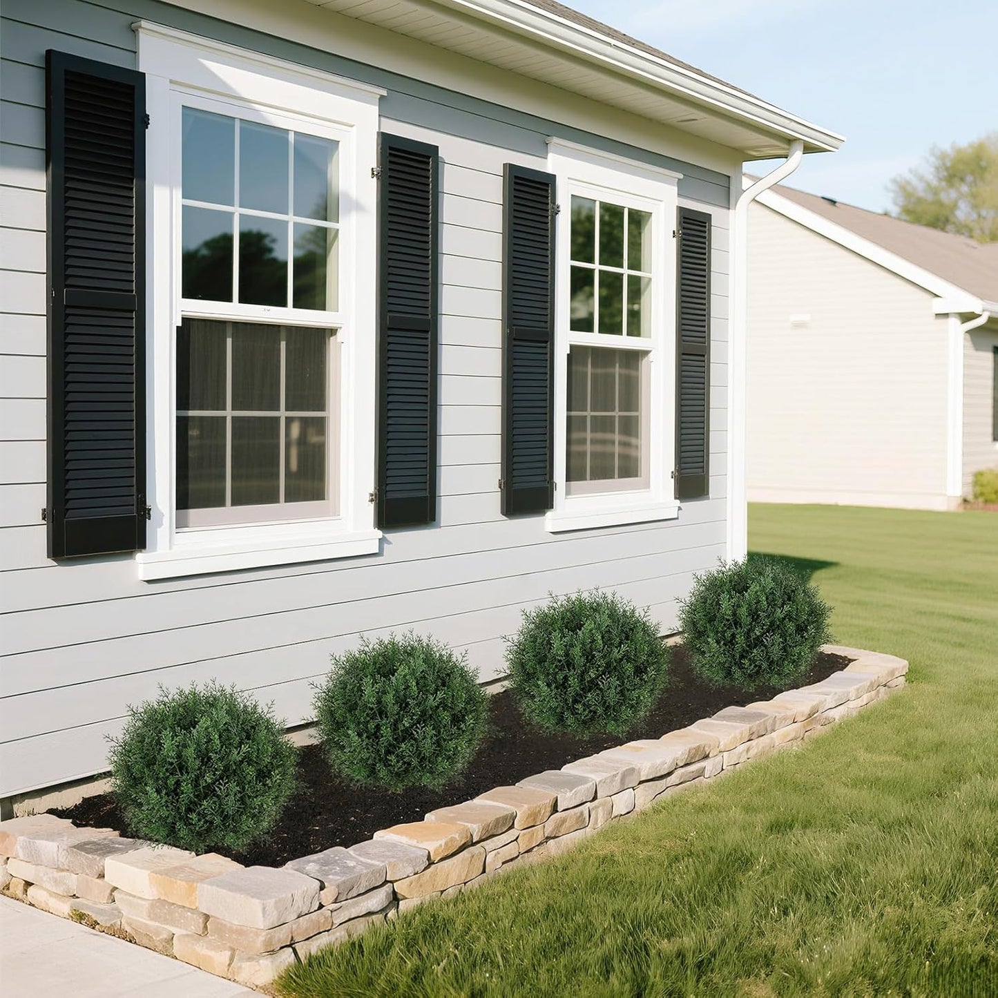 Artificial Cedar Topiary Ball Trees with Ground Spike, 24.6 inche Tall UV-Resistant Fake Outdoor Plants Evergreen Shrubs, Realistic Faux Pine Bushes for Front Porch Home Patio Garden, Set of 4