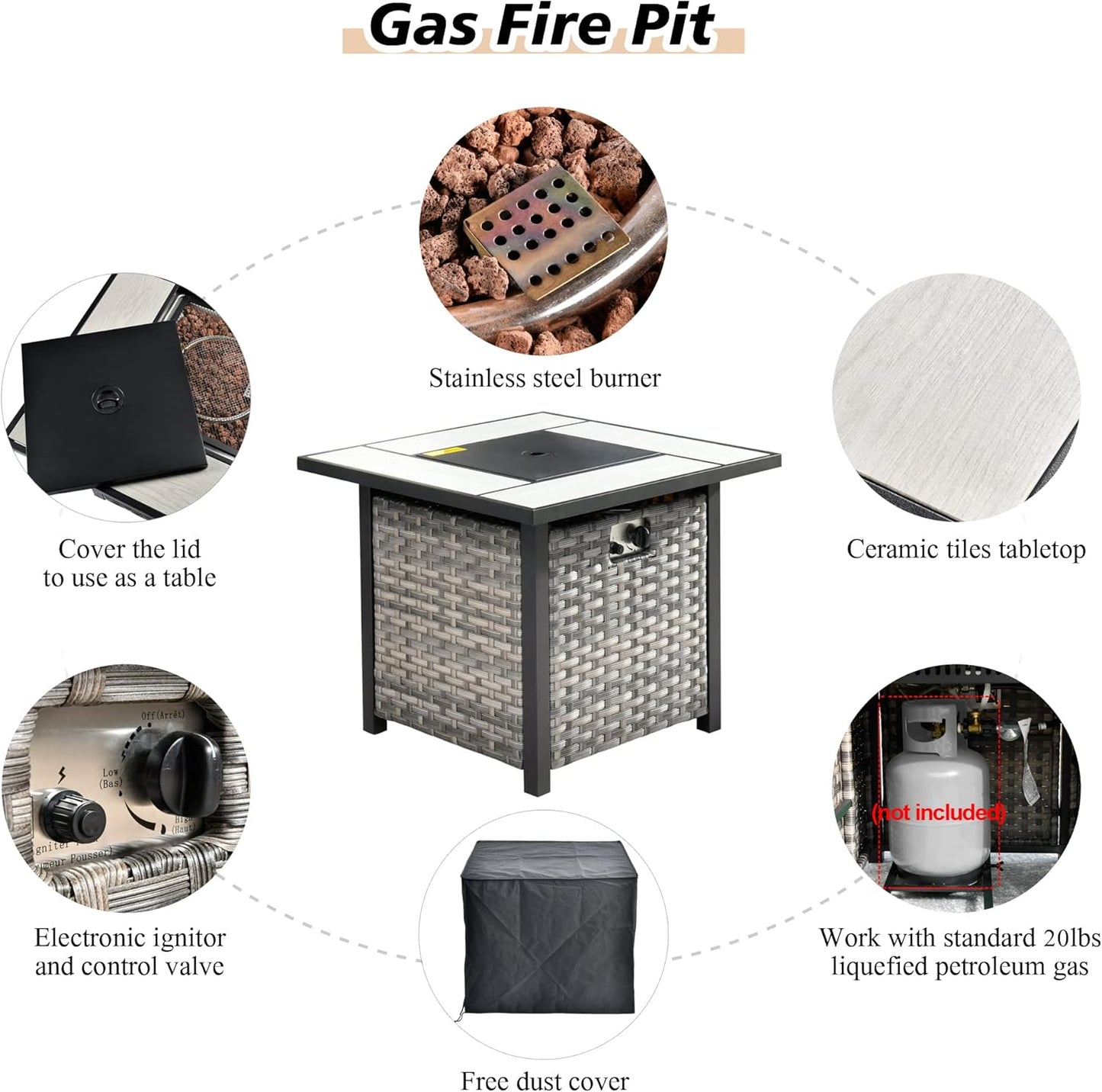 HOOOWOOO 10 Piece Modular Patio Outdoor Sectional Furniture Set with Gas Propane Fire Pit Table,Wicker Conversation Sofa Set with Swivel Chairs,Outside Couch Set(Beige)