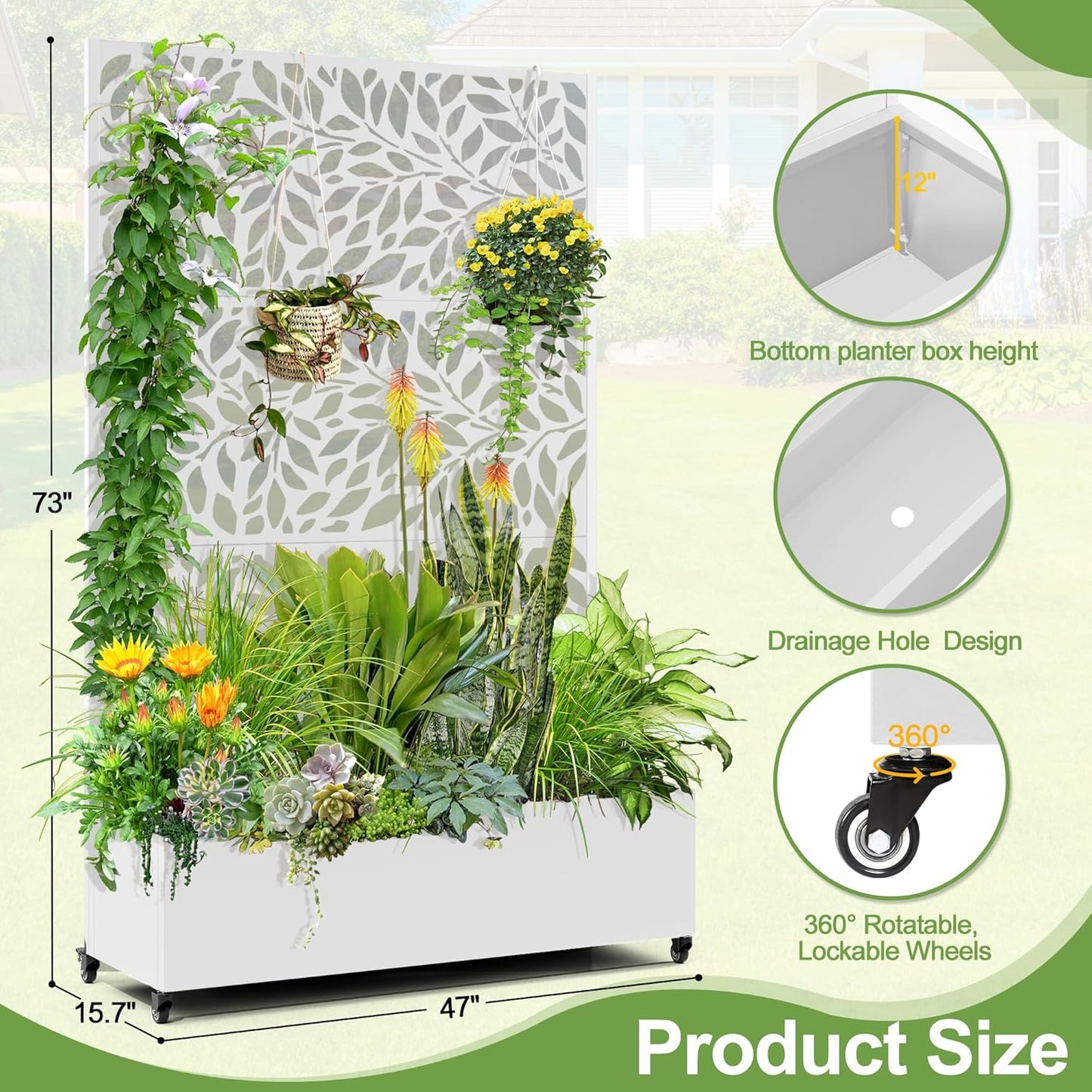 Raised Garden Bed with Trellis and Wheels,73"x47"x16" Metal Raised Garden Bed,White Flowing Leaf-2 Metal Planter with Climbing Trellis for Vines & Vegetables