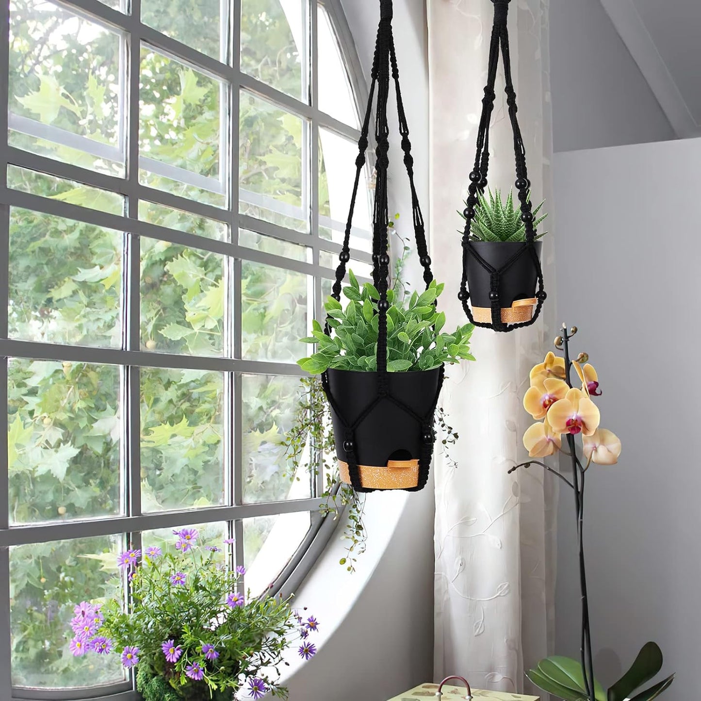 GARDIFE Hanging Planters for Indoor Plants,5Pcs Hanging Basket for Indoor Boho Home Decor,Macrame Plant Hanger,35 Inches,29Inch,23Inch, Ivory,Self Watering Planters, 7/6.5/6/5.5/5 Inch,Black&Black