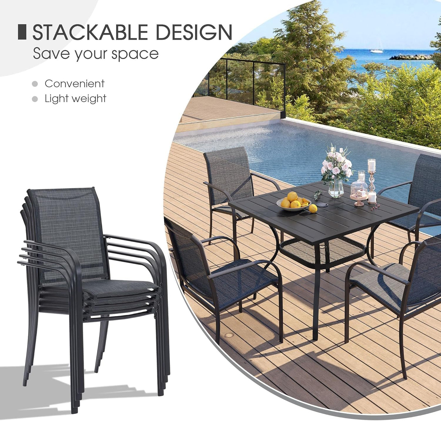 VICLLAX 5 Pieces Patio Dining Set, Outdoor Furniture Set Includes 1 Square Outdoor Table and 4 Stackable Patio Sling Chairs, Black Tabletop and Grey Fabric