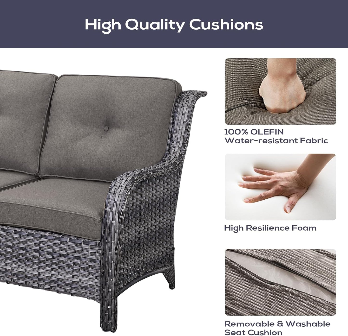 Outdoor Furniture Sectional Sofa L Shaped Couch - Patio Wicker Furniture Set with Coffee Table, 3 Piece Rattan Patio Conversation Sets with Gray Cushion for Deck Backyard Sunroom