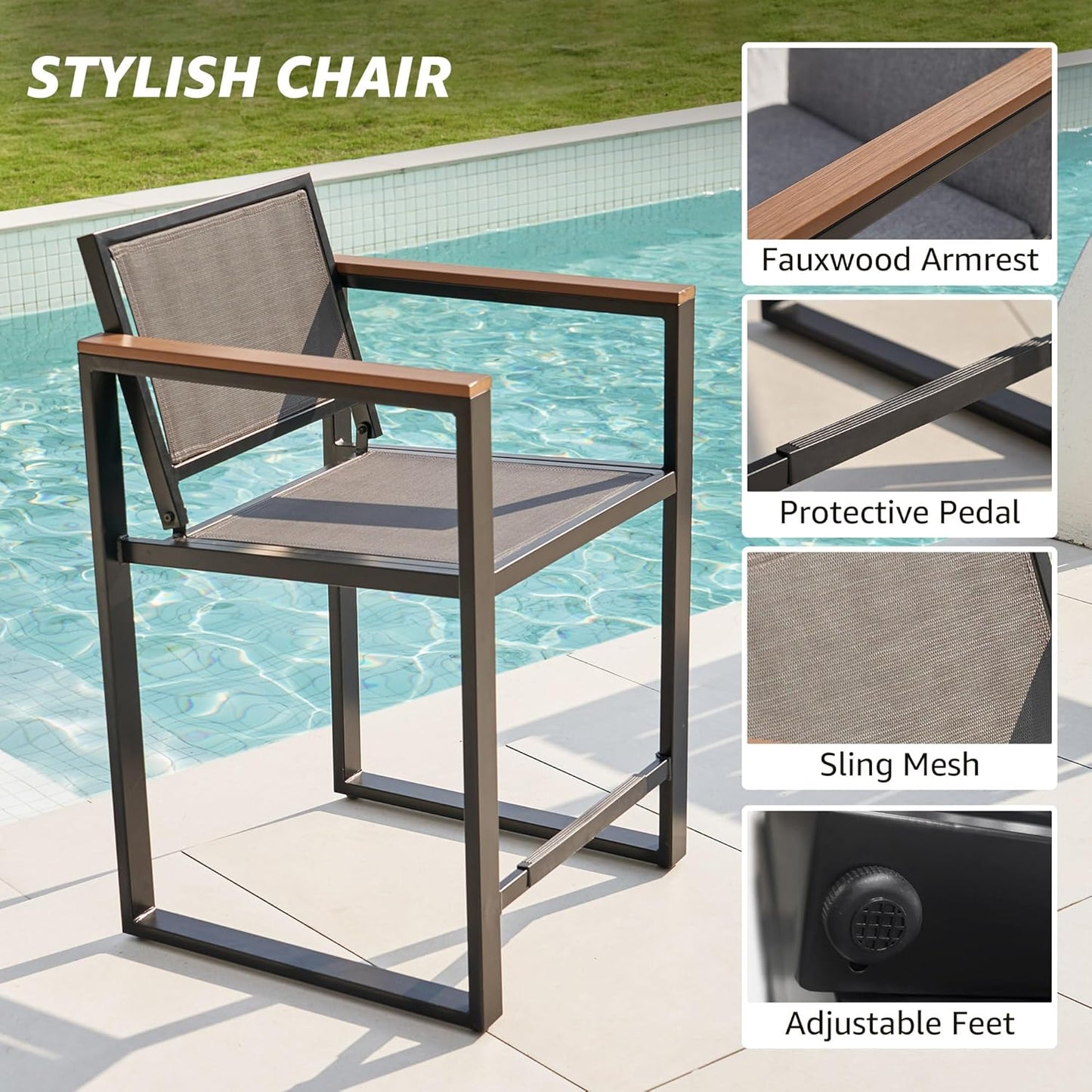 NATURAL EXPRESSIONS 3-Piece Bar Table and Chairs Set, Outdoor Bar Set with Fauxwood Armrest, Water-Resistant and Removable Cushion, All Weather Bar Height Patio Table and Chairs for Backyard, Home