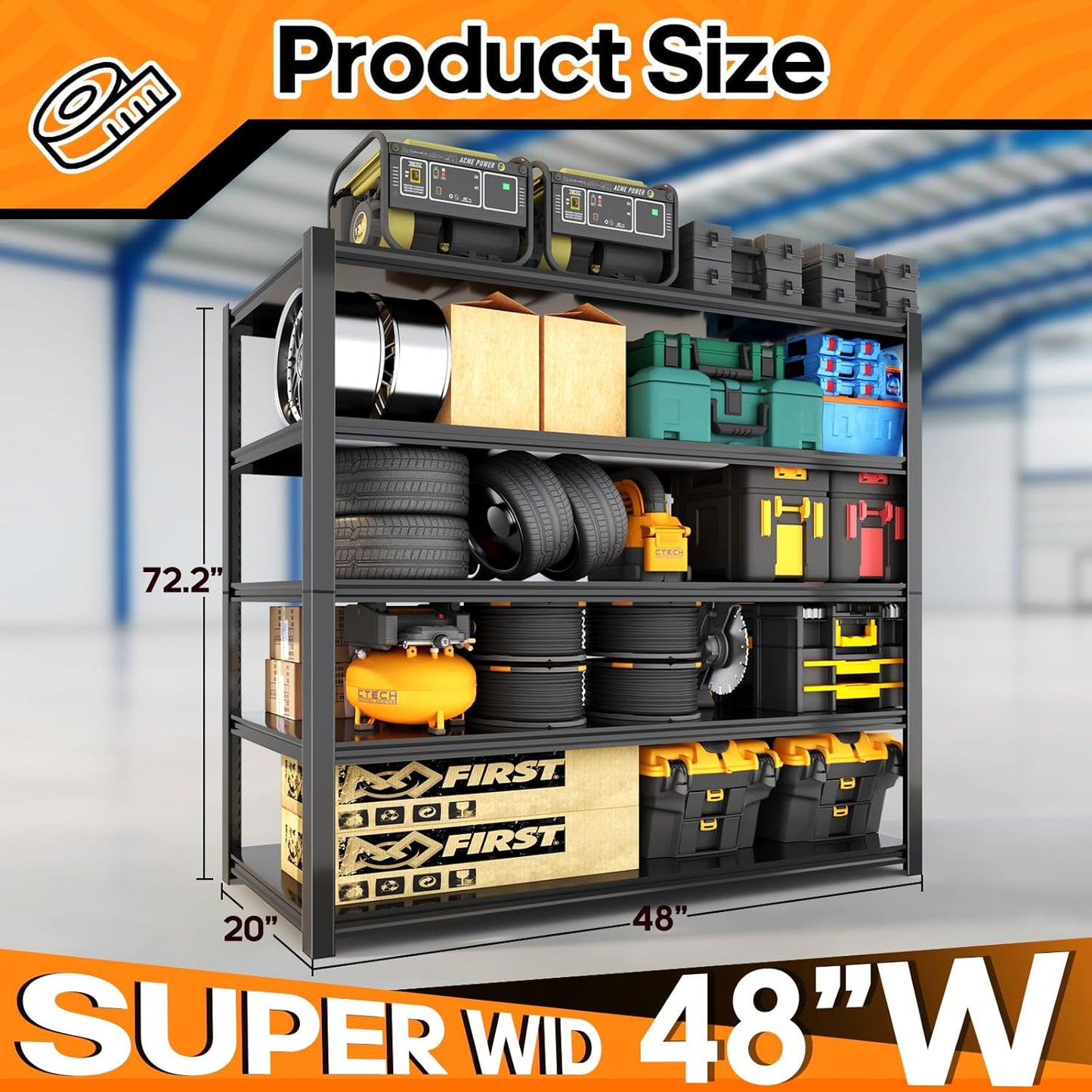 Garage Shelving Heavy Duty,5 Tier Adjustable Metal Shelving Storage Rack,Storage Shelves,48" Wx20 Dx72.2 H,Industrial Shelving Unit for Basement,Warehouse,Garage Organization.1 Pack