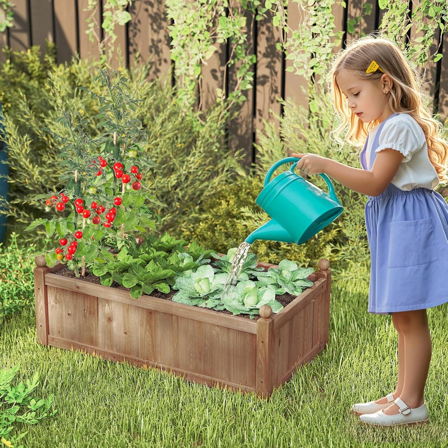 HAPPYGRILL Wood Raised Garden Bed, 46” x 24” x 16” Rectangular Flower Box w/Drainage Holes for Growing Vegetables, Flowers, Herbs, Outdoor Planter Box for Backyard Garden Lawn