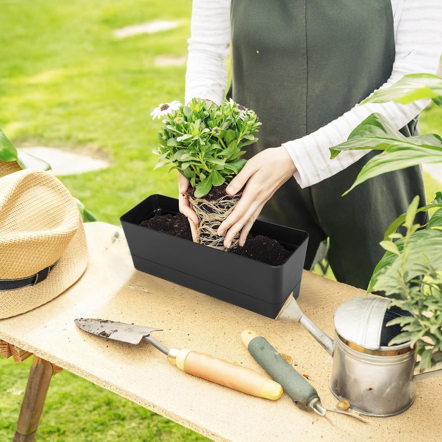 GREANER 12x3.8 Inch Herb Planters, 1 Pack Rectangle Window Boxes with Tray, Indoor Succulent Cactus Mint Plastic Pot for Windowsill, Balcony, Office, Outdoor Garden - Black