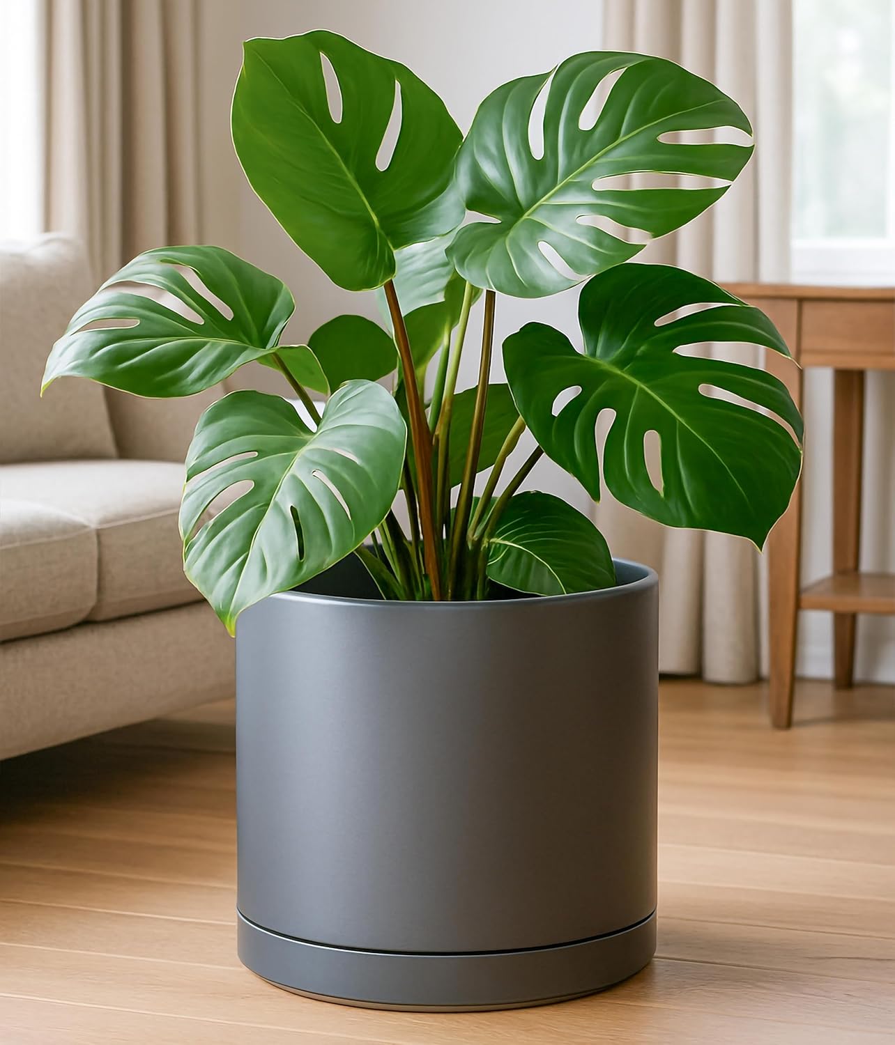 D'vine Dev 14 Inch Ceramic Planter Pot with Drainage Hole and Saucer, Indoor Cylinder Round Planter Pot, Speckled Grey, 94-O-G-3