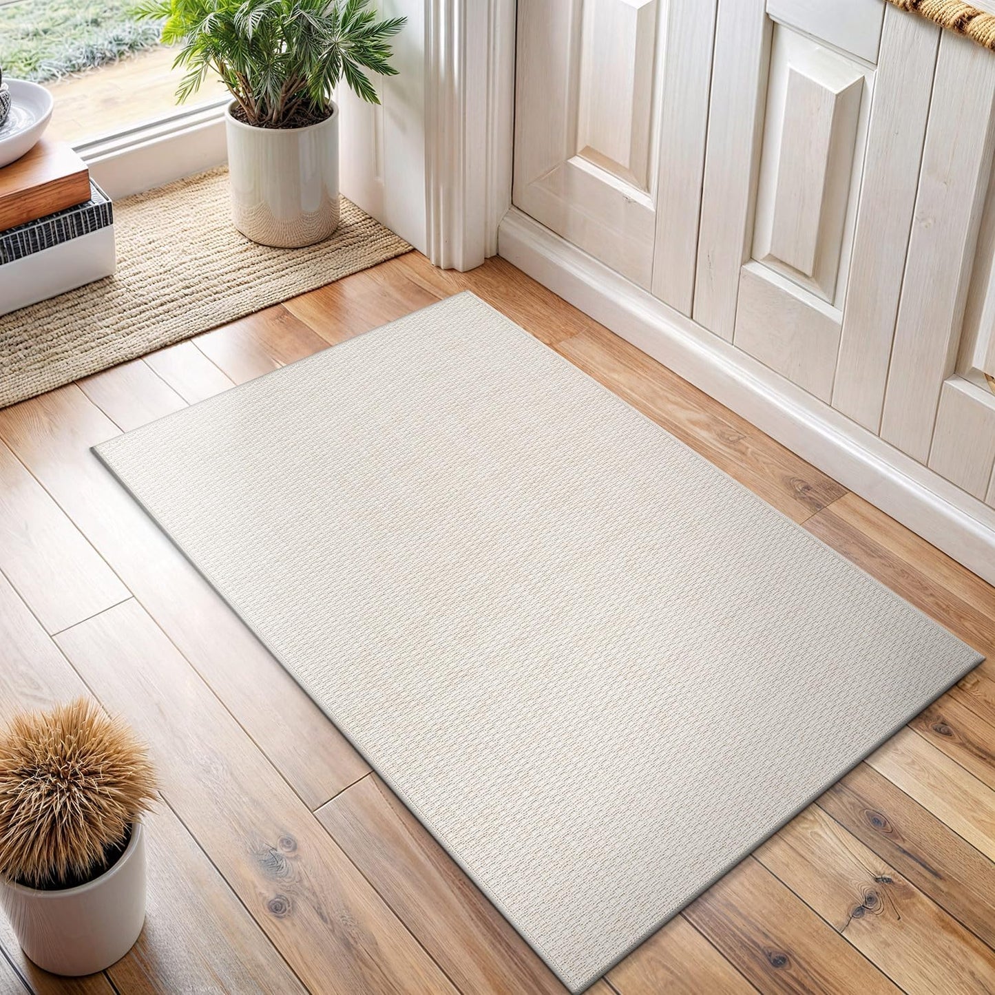 Easy Jute Door Mat 2x3 Indoor Outdoor Natural Rugs Solid Fiber Rug Woven Area Rug Boho Easy Clean Inside Carpet for Living Room Bedroom Dining Room Hallway or Outdoor Patio Porch (2 X 3 Bone)