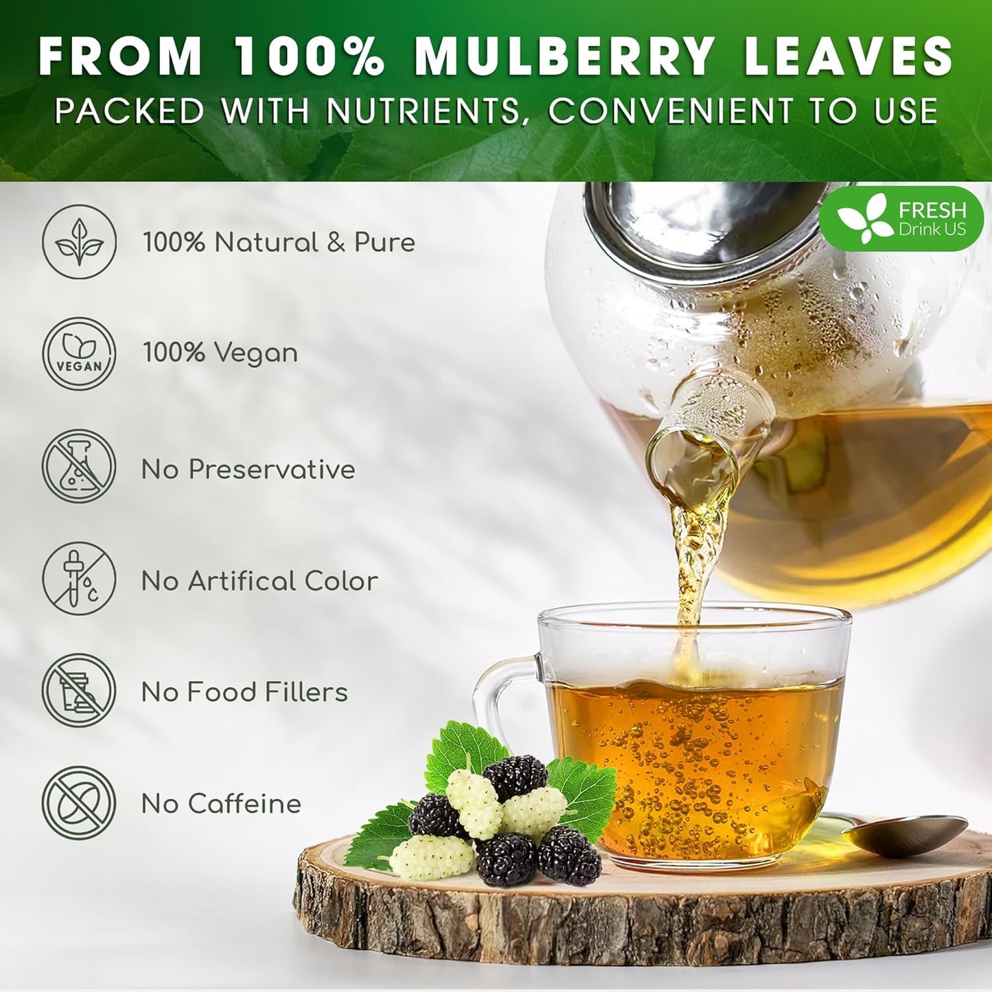FreshDrinkUS, Permium 2oz Mulberry Leaves, 100% Natural & Pure from Mulberry Leaves, Mulberry Leaf Tea, Mulberry Loose Leaf Herbal Tea, No Additives, No Caffeine, Vegan