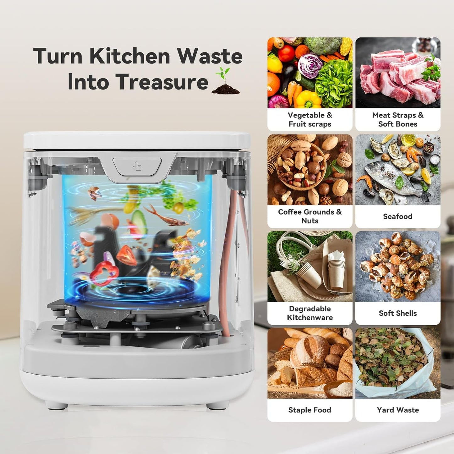 3.5L Electric Composter for Kitchen, Smart Compost Bin, Odorless Indoor Composter with 2 Detachable Carbon Filter, Turns Waste Into Dry Fertilizer, One-Touch Operation, White