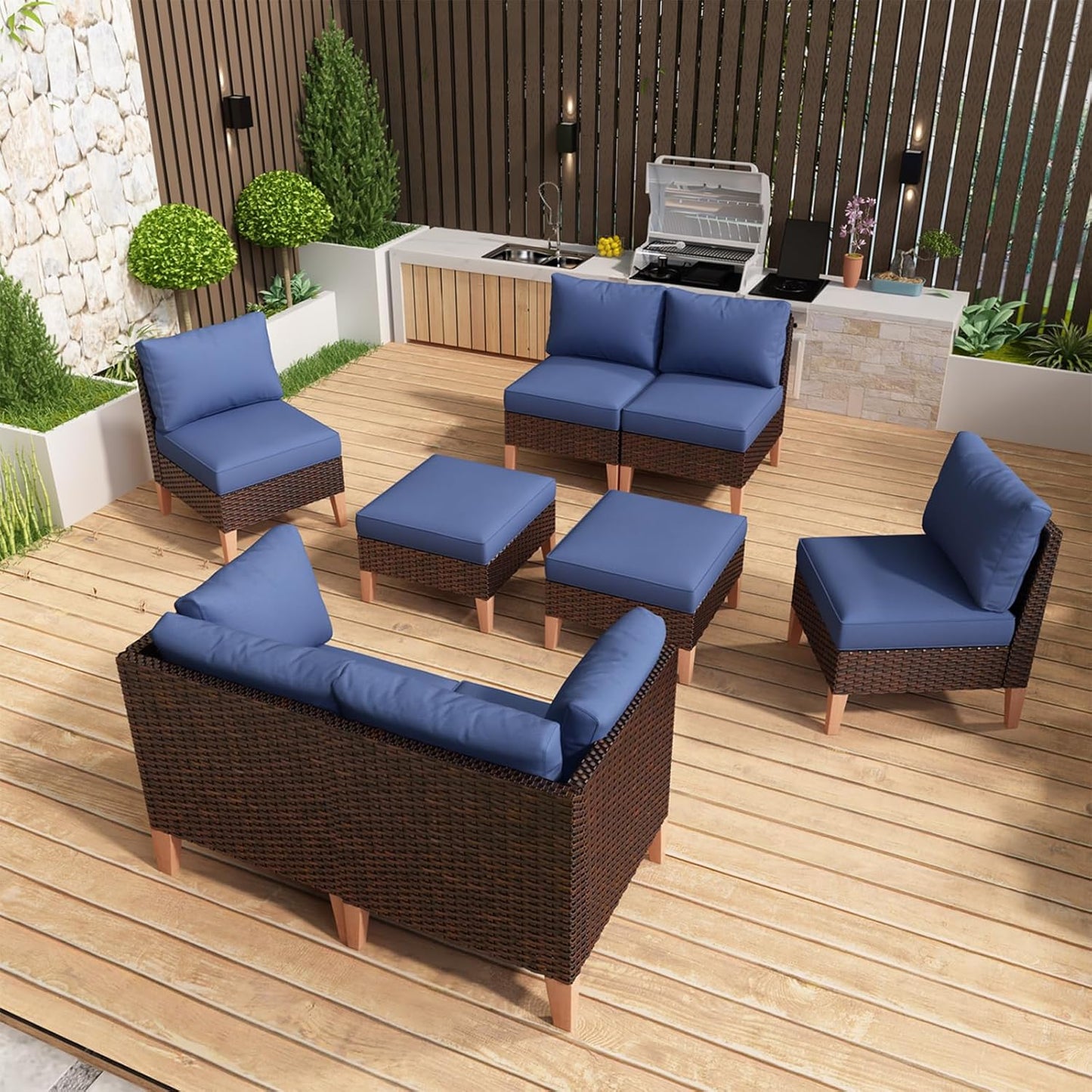 HUMMUH 8 Pieces Patio Furniture Set,Outdoor Modular Sectional Couch Chairs with Ottomans,All Weather PE Wicker Patio Conversation Sets for Garden Porch Backyard