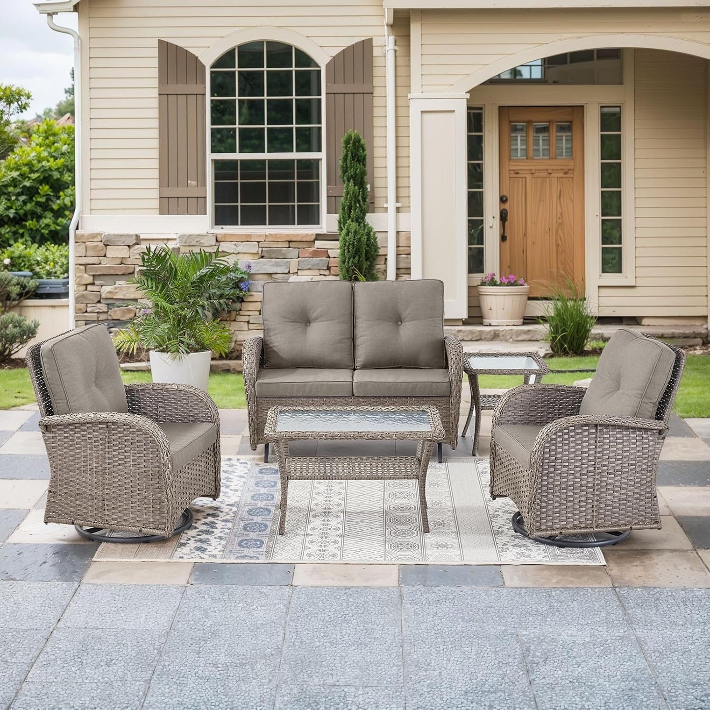 HUMMUH Patio Furniture Wicker Outdoor Furniture Sets High Back Outdoor Glider Bench with Patio Swivel Chairs Patio Conversation Sets for Deck Lawn Porch Balcony Poolside-Grey/Grey
