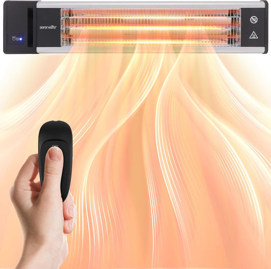 SereneLife Infrared Patio Heater, Wall-Mounted Electric Heater with Remote, 1500W, IP65 Approved, Odorless, Indoor/Outdoor for Patio, Restaurant, Backyard, Garage, Decks