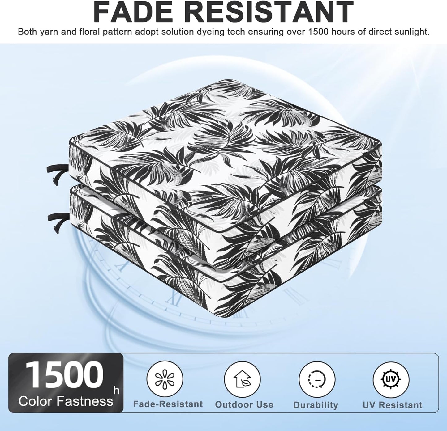 Favoyard Outdoor Chair Cushion 22 x 22 x 3 In Waterproof Pattern Fade Resistant Cushions for Patio Furniture with Removable Cover Attach Straps 28D Foam Insert Cushions Pads for Seat Sofa Couch 2 Pack