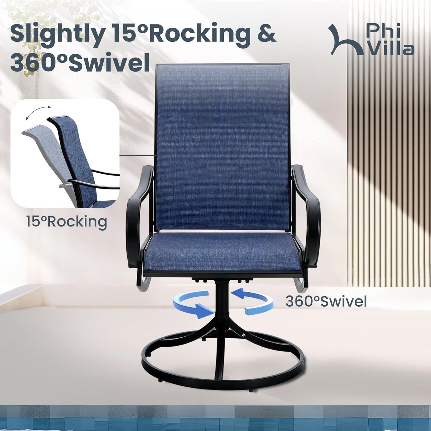 PHI VILLA 7 Piece Patio Dining Set, 6 Swivel Patio Chairs with Textilene Mesh Fabric & Rectangular Wooden-Like Dining Table(1.6" Umbrella Hole), All Weather Patio Chairs and Table Set for Deck (Blue)