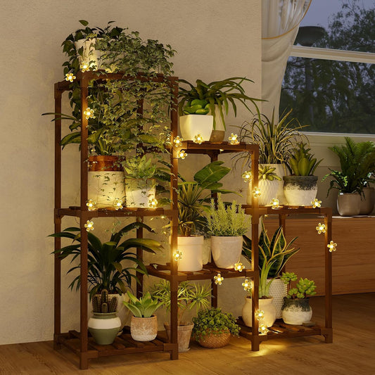 Bamworld Plant Stand Indoor with Flower Fairy Lights Battery Plant Shelf Wood Plant Rack for Multiple Plants 3 Tiers Ladder Plant Holder for 7 Pots for Living Room Home Decor for Gardening Gifts