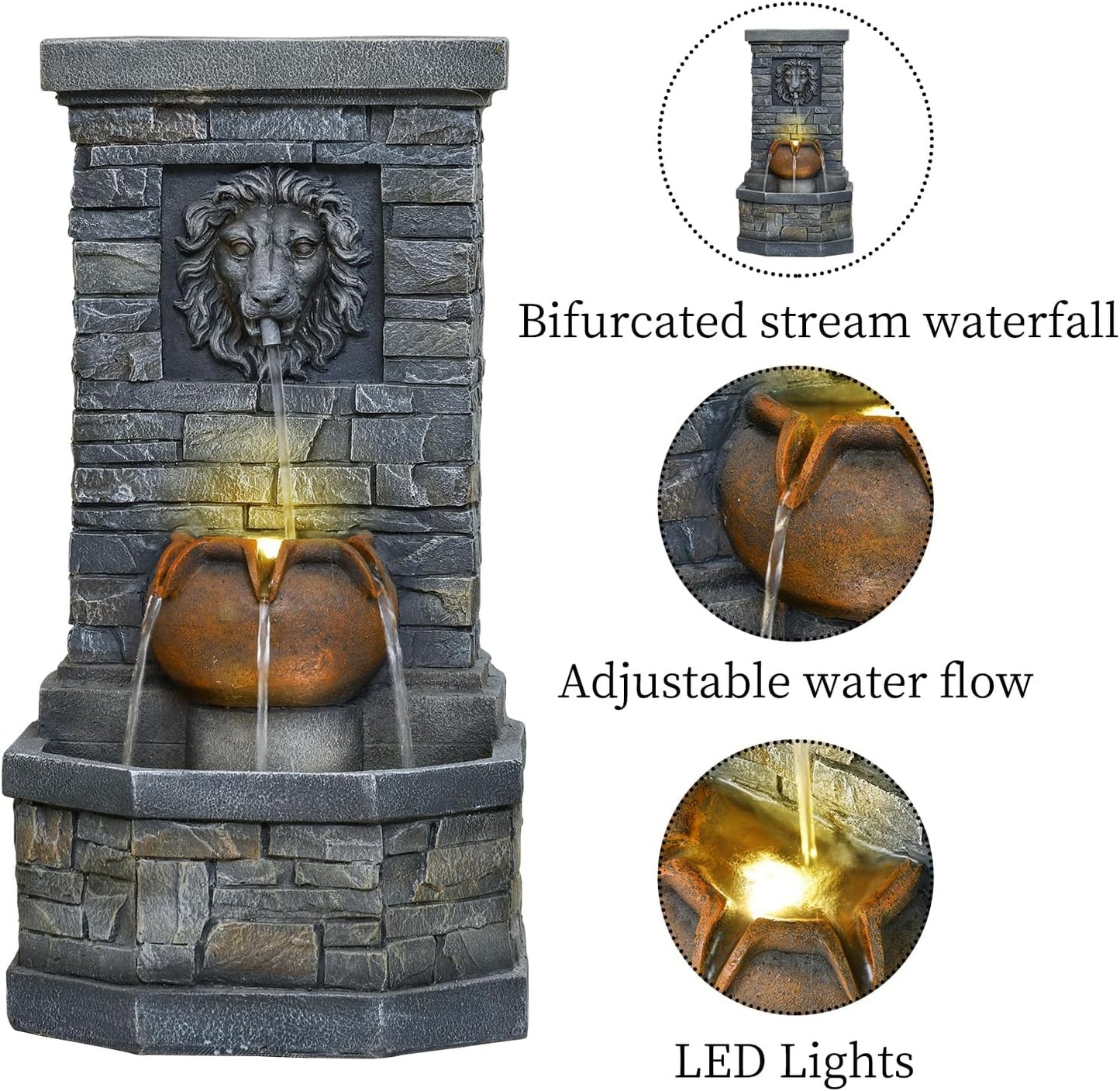 42'' Outdoor Garden Floor-Standing Water Fountain Lion Head Stone with Lights Outdoor Waterfall for Patio, Backyard, Deck, Porch and Home Art Decor