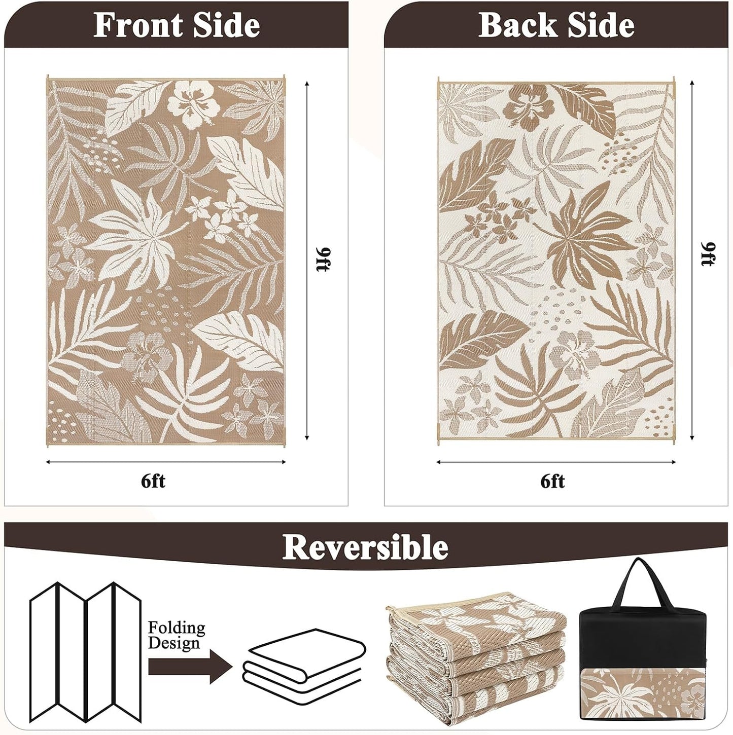 Pauwer Waterproof Outdoor Rug 6x9, Reversible Plastic Straw Patio Camping Rug, Indoor Outdoor RV Mat Carpet for Deck, Camper, Porch, Balcony, Backyard, Picnic, Floral Brown