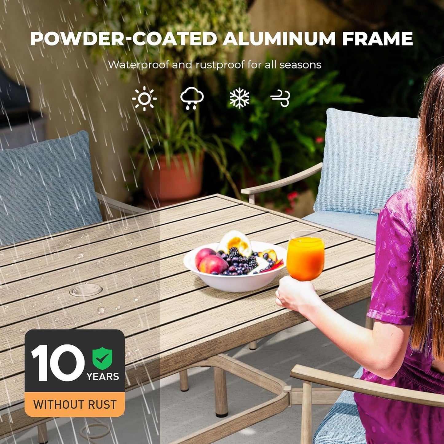 HAPPATIO Patio Table for 6, Large Modern Rectangle Outdoor Dining Table with Umbrella Hole and Adjustable Feet, All Weather Aluminum Patio Table for Garden, Backyard and Poolside, Brown