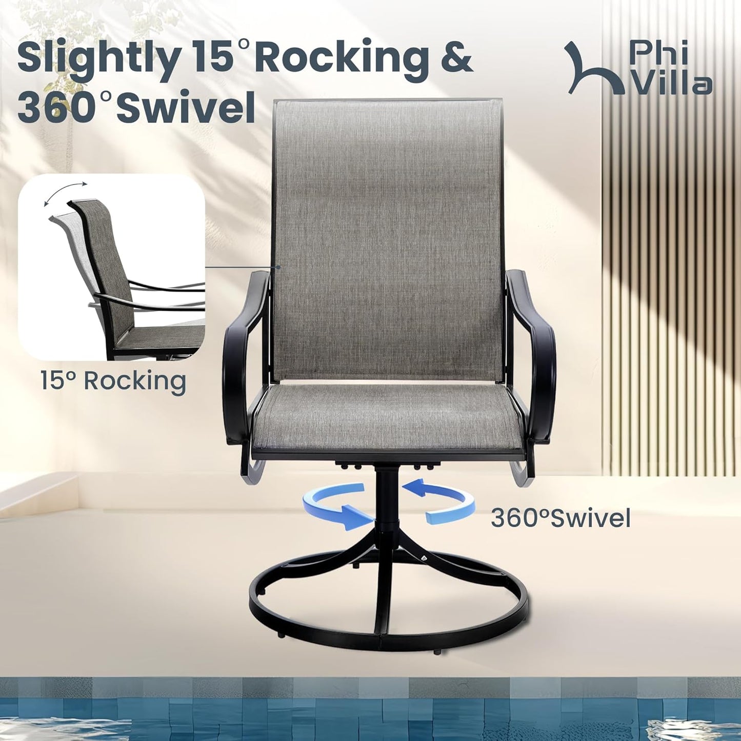 PHI VILLA Patio Table and Chairs Dining Set with Umbrella for 4, Outdoor Dining Set with 4 Swivel Patio Chairs, 1 Square Metal Dining Table and 10ft Orange Red Large Patio Umbrella (No Umbrella Base)