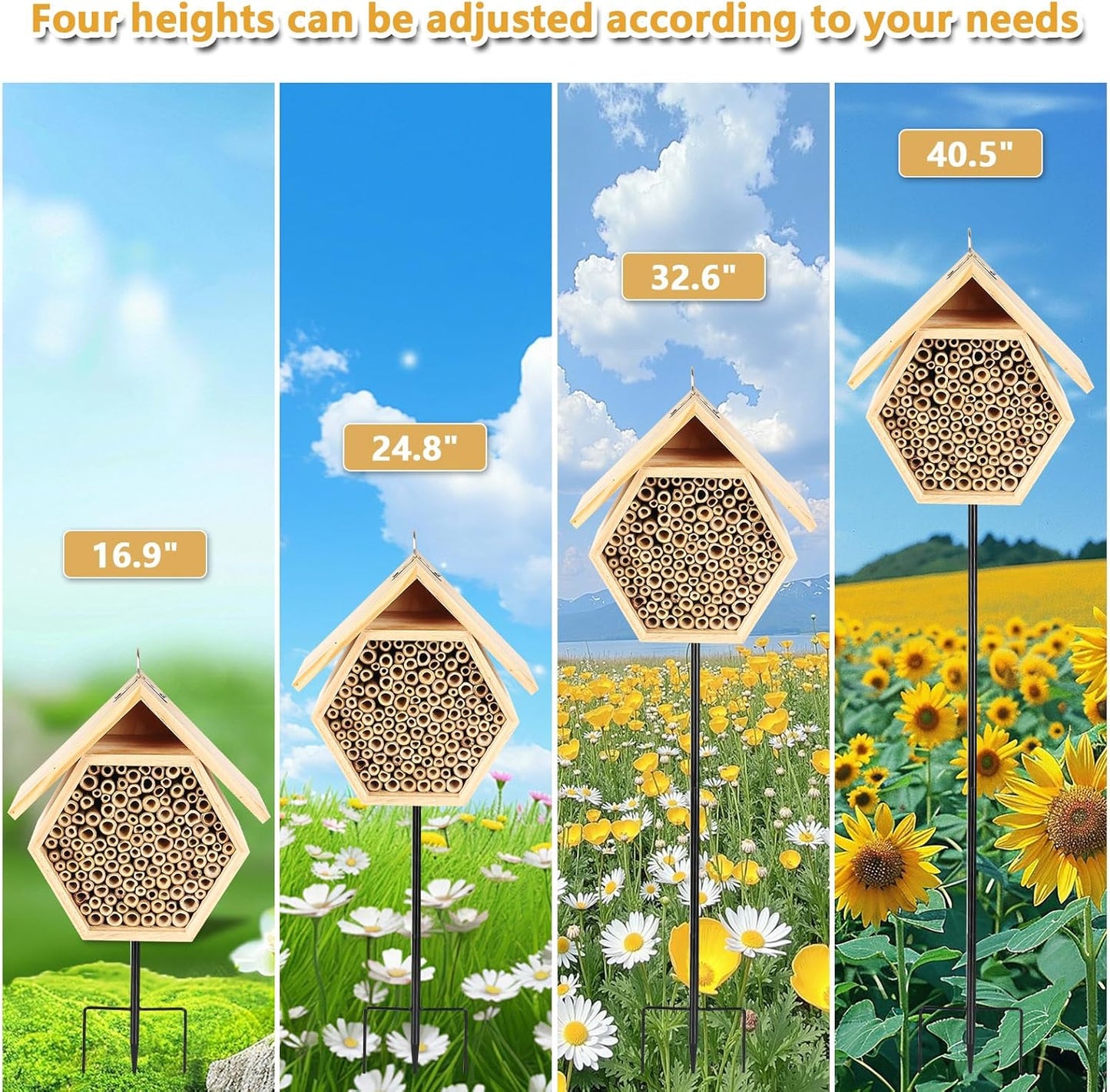 Mason Bee House for Garden, Natural Wooden Bee Habitat with Metal Ground Stake, Attracts Pollinators, Improve Garden Productivity, Outdoor Decoration