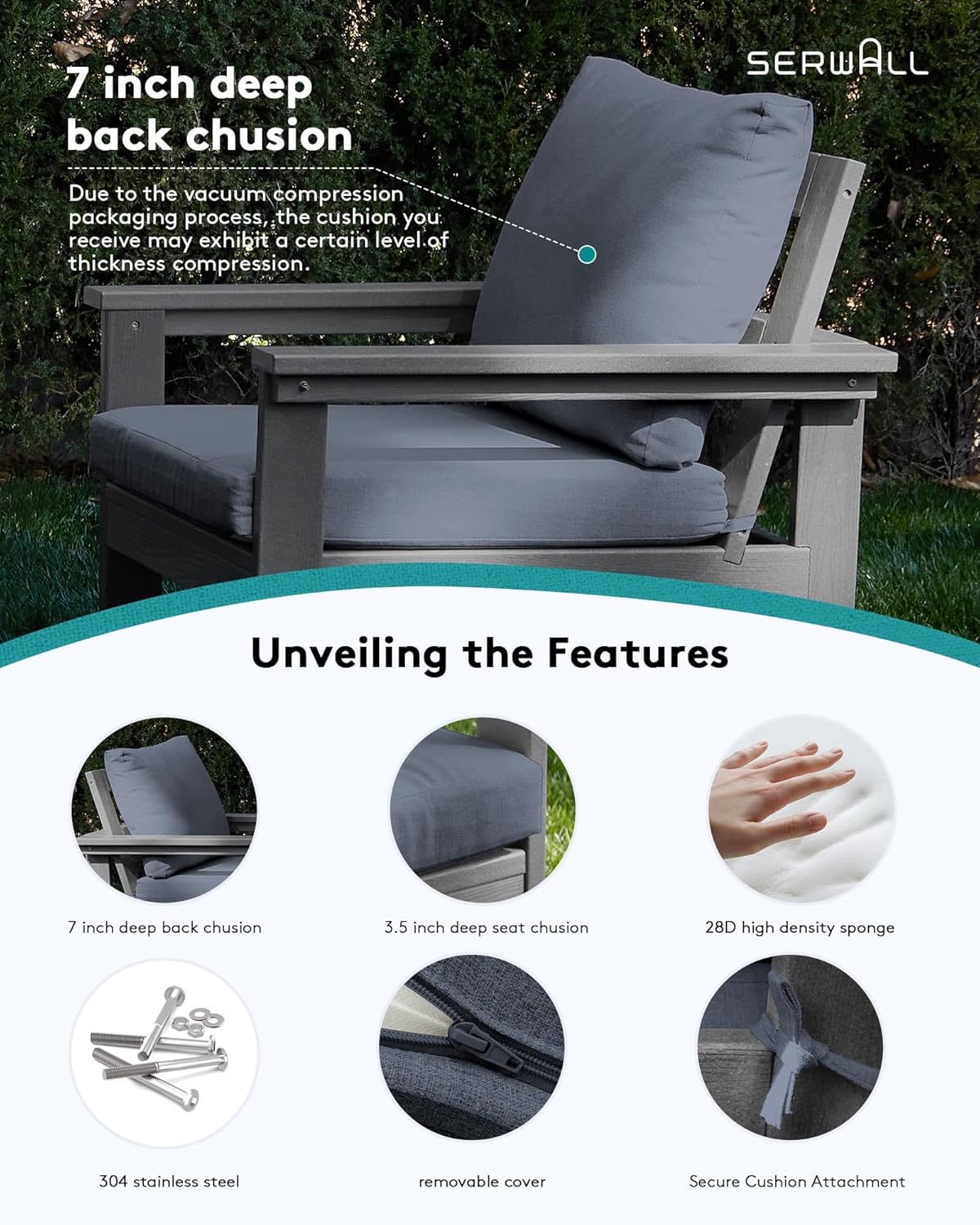 SERWALL Outdoor Patio Sofa Set, 2-Piece HDPE Single Seat Outdoor Sofa Chair with Padded Cushions, Gray Frame with Gray Cushion