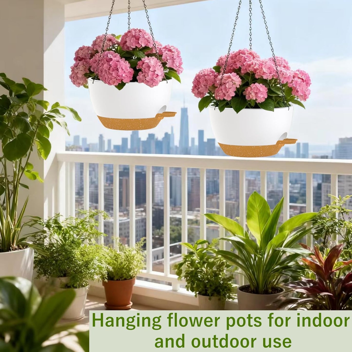 2 Pack Hanging Planters for Indoor Outdoor Plants, 12 Inch Self Watering Hanging Pot with Drainage Holes and Saucer, Plastic Plant Pots, White Brown Flower Pots for Kitchen, Balcony, Garden