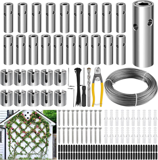 185PCS Wire Trellis for Climbing Plants, Kalolary 100FT Wall Wire Trellis Kit T316 Steel Garden Trellis with Cable & Cutter Wall-Mount Grape Vine Trellis for Outdoor DIY Flower Wall (Cylindrical)