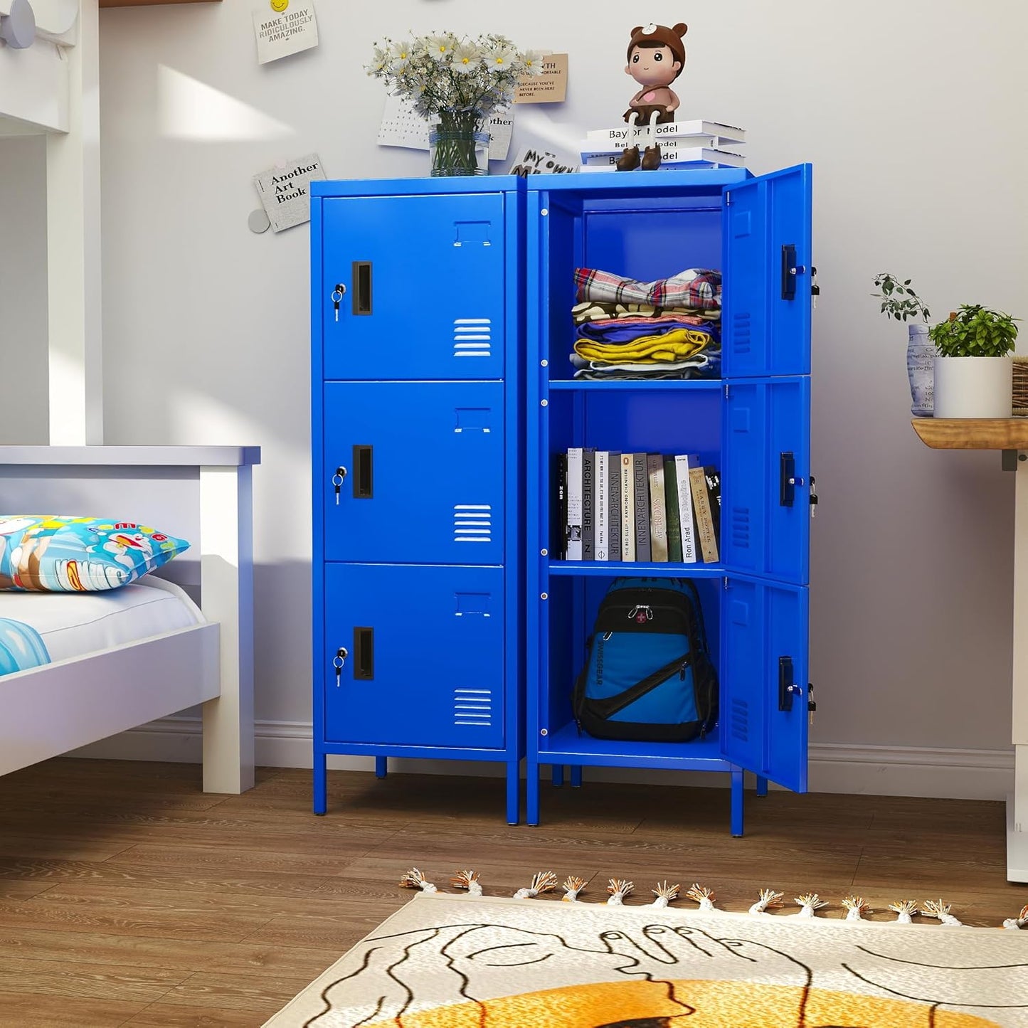 METAN Metal Storage Employees Locker with 3 Lockable Doors,47''H*16''W*16''D Locking Storage Cabinets for Small Spaces,Home,School,Gym,Assembly Required,Blue