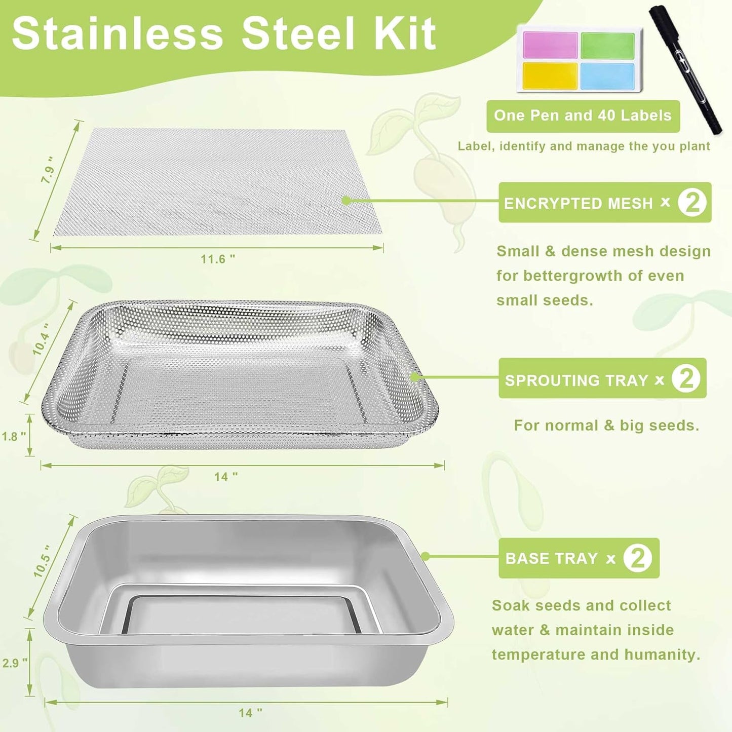 Stainless Steel Sprouts Growing Kit 4-Tier 14 inch Trays, Microgreens Growing Kit, Seed Sprouting Tray with Encrypted Mesh Sprouts for Beans Alfalfa Broccoli Wheat Grass