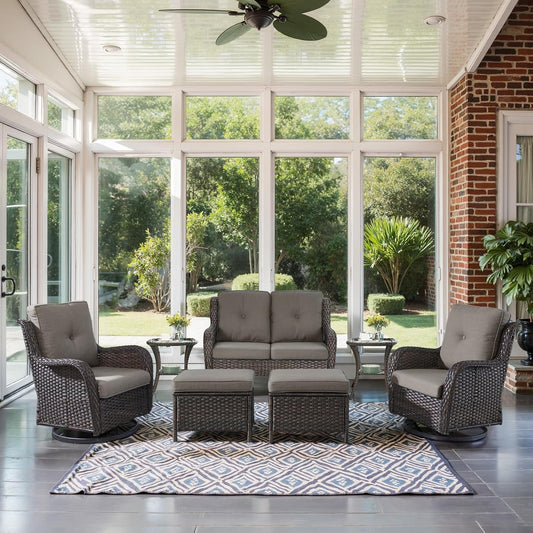 Outdoor Patio Furniture Set - 7 Piece Brown Wicker Conversation Patio Furniture Set All Weather Swivel Chairs with Ottoman and Loveseat Glider Chair for Deck Balcony Backyard