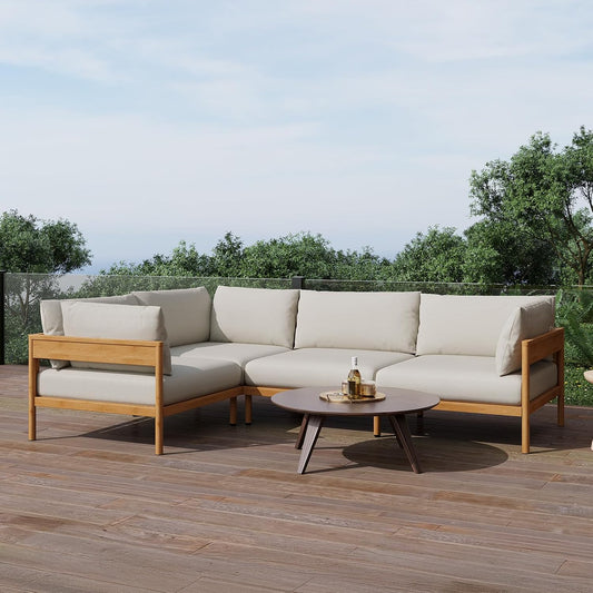 Acanva Modern Outdoor Patio Furniture Set, All-Weather Aluminium Conversation Sectional Sofa with Thick Cushions for Backyard, Garden, Porch, 4 Seats, Beige