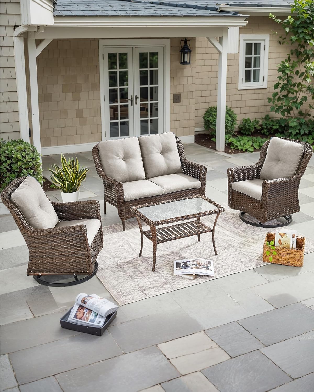 Patio Loveseat Outdoor Wicker Sofa - Heavy Duty All-Weather Brown Rattan 2-Person Sofas with High Back and Comfortable Thick Cushions for Garden Back Porch Poolside Apartment - Beige