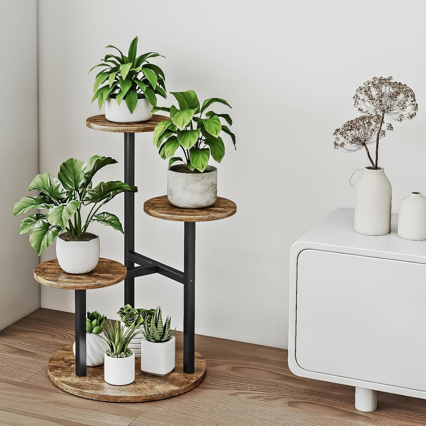 Plant Stand Indoor 4 Tier 5 Potted Multiple Flower Pot Holder for Patio Garden Balcony Living Room Corner (4 Tier Black+Rustic Brown)
