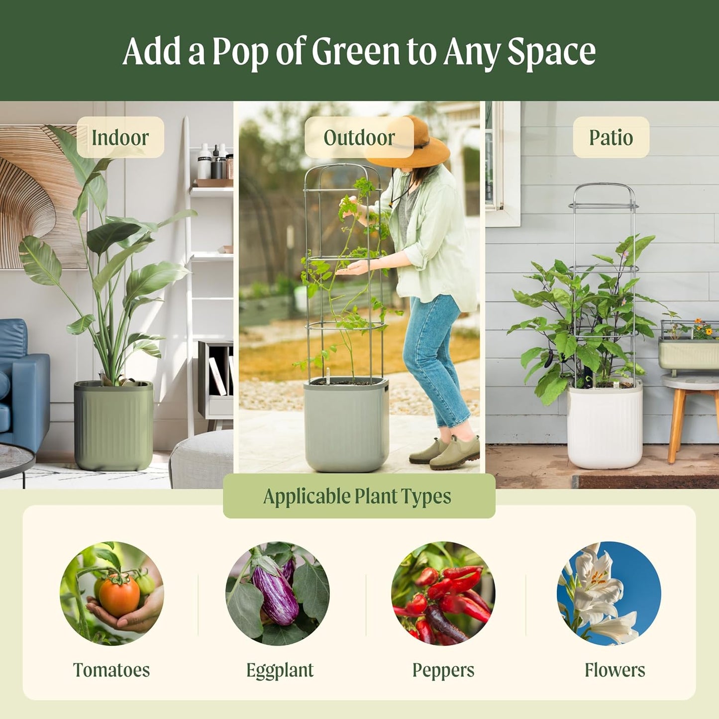 Vego garden Planters for Outdoor & Indoor Plants, Large Plant Pots with Self Watering, 15" Tall Large Plant Pots with Trellis for Flowers Plants Decor, Cream White