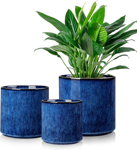 vancasso 6"+8"+10" Ceramic Pot for Plants, Large Outdoor Indoor Planter Pots with Drainage Holes, Set of 3, Blue