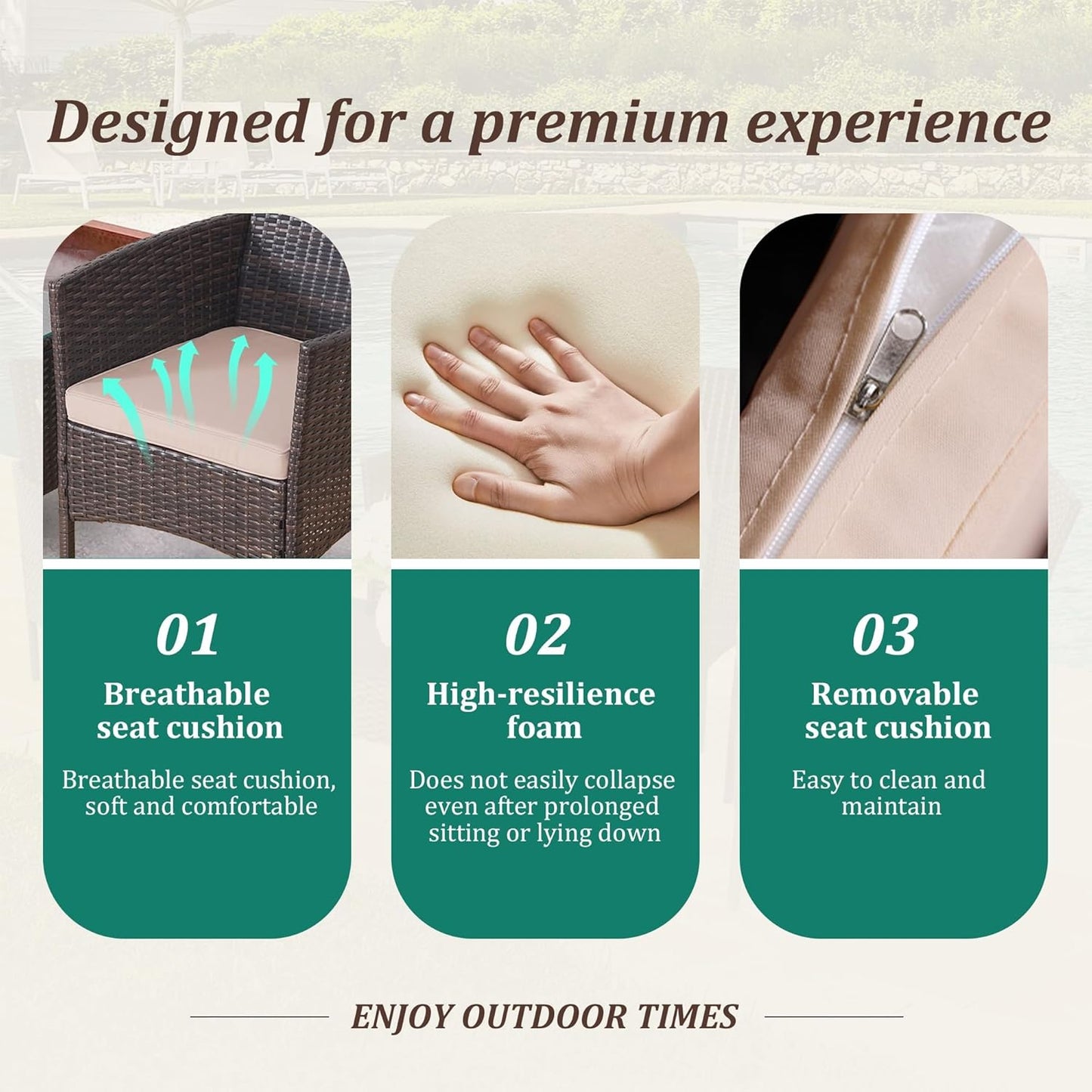 3 Piece Patio Furniture Set - Outdoor Conversation Sets with Coffee Table, Rattan Chair Set for Garden/Poolside, Brown/Grey