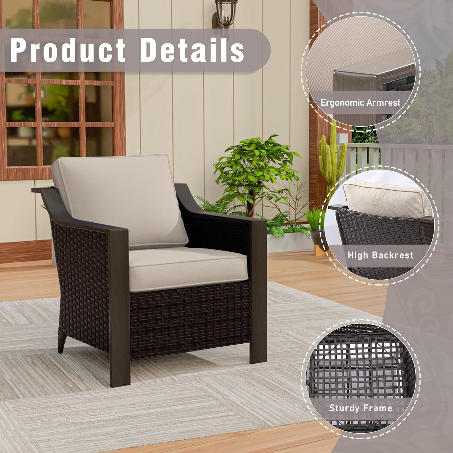 4 Piece Wicker Patio Conversation Set, All-Weather Use Outdoor 2 PE Rattan Chair, 2 Ottoman, Removable Water-Resistant Cushion, Ideal for Porch, Backyard, Balcony, Poolside, Beige