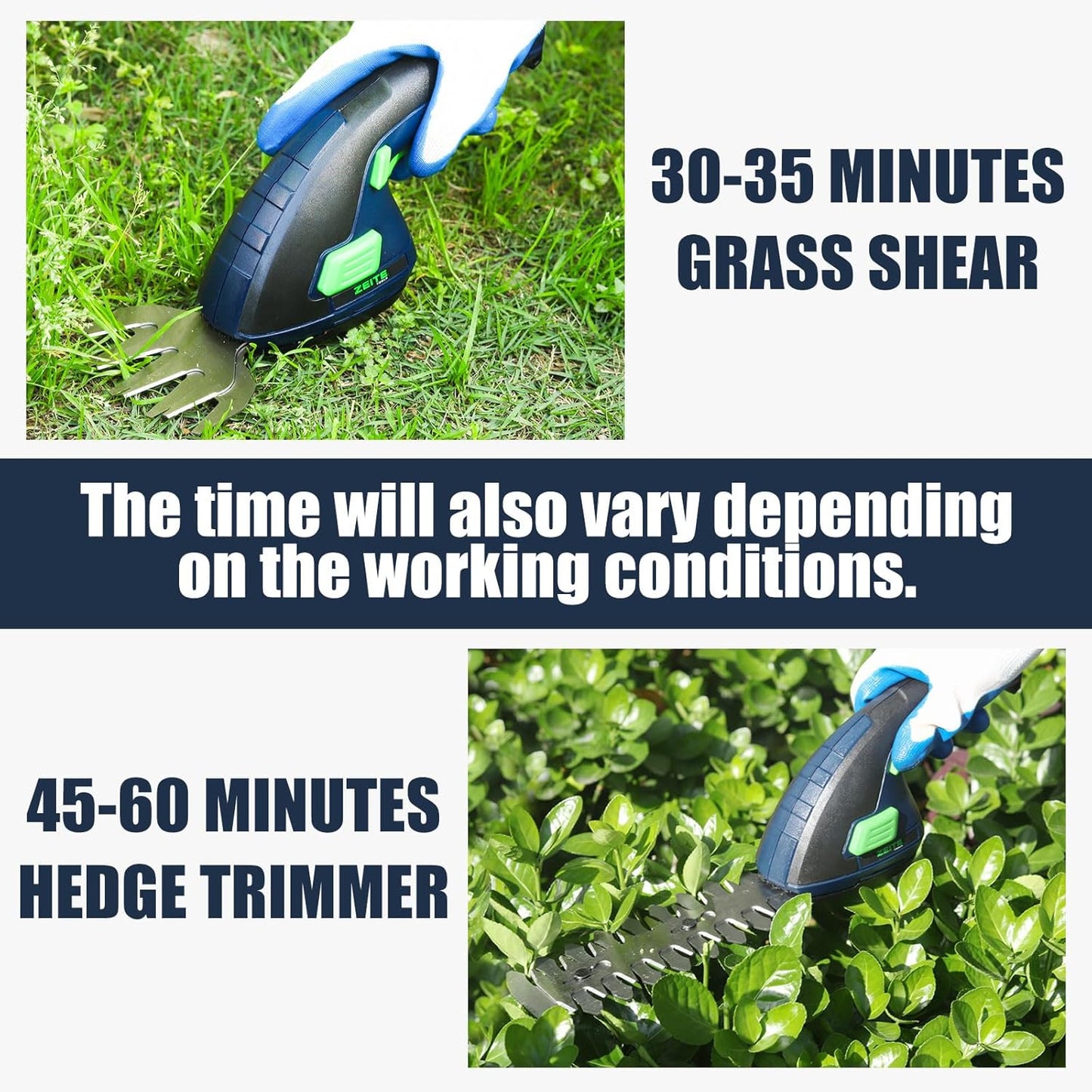 ZEITE 7.2V Grass Shear & Shrubbery Trimmer, 2-in-1 Cordless Grass Cutter and Mini Hedge Trimmer, Rechargeable Li-ion Battery and Charger,Long Handle,Versatile Garden Tool for Grass & Bush Trimming