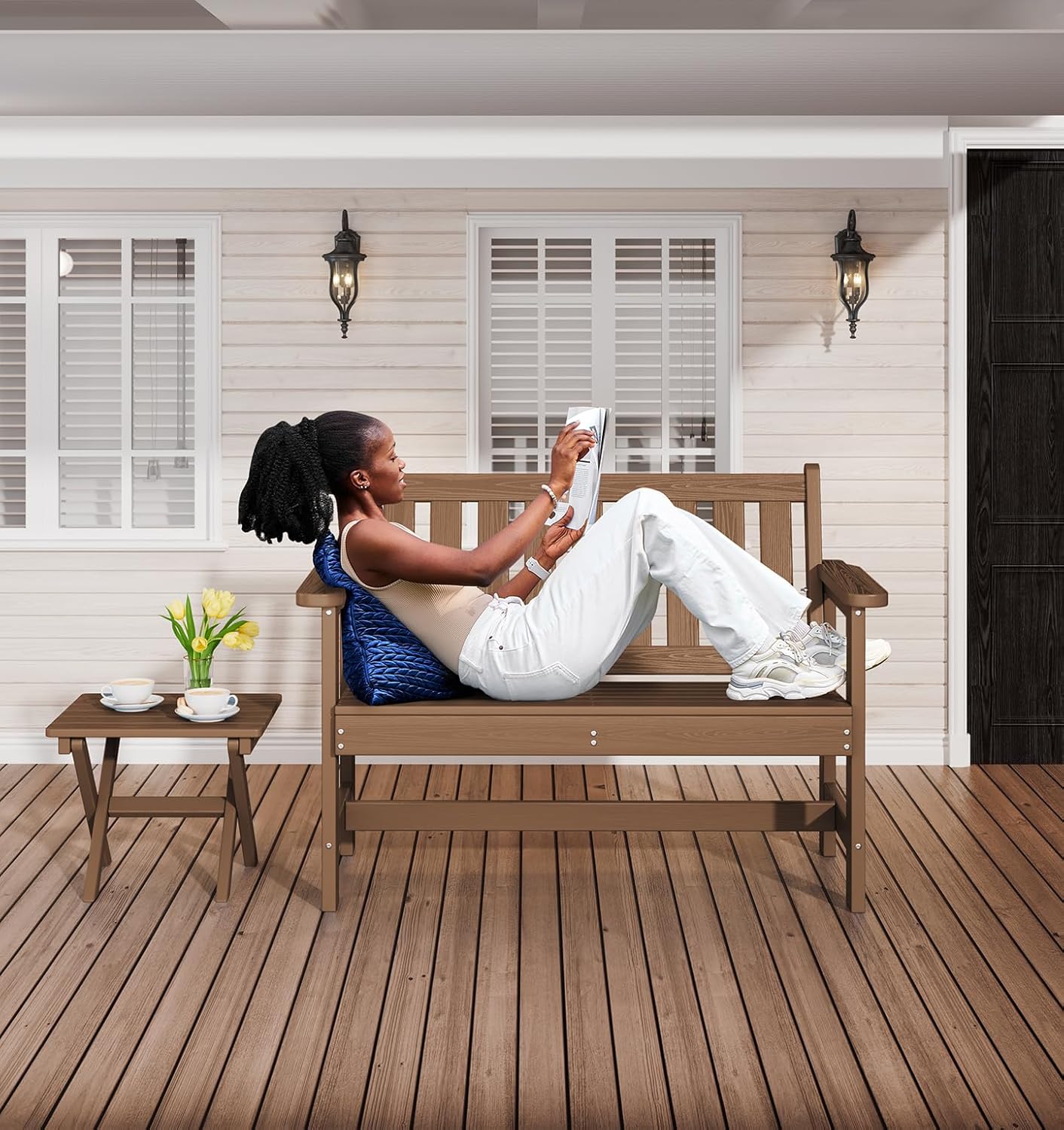 SERWALL Outdoor Bench, HDPE Outdoor Benches Weatherproof, 2-Person Garden Bench with 660 lbs Weight Capacity, Patio Benches for Outdoors, Garden, Porch, Backyard and Park, Brown, 2 Pack