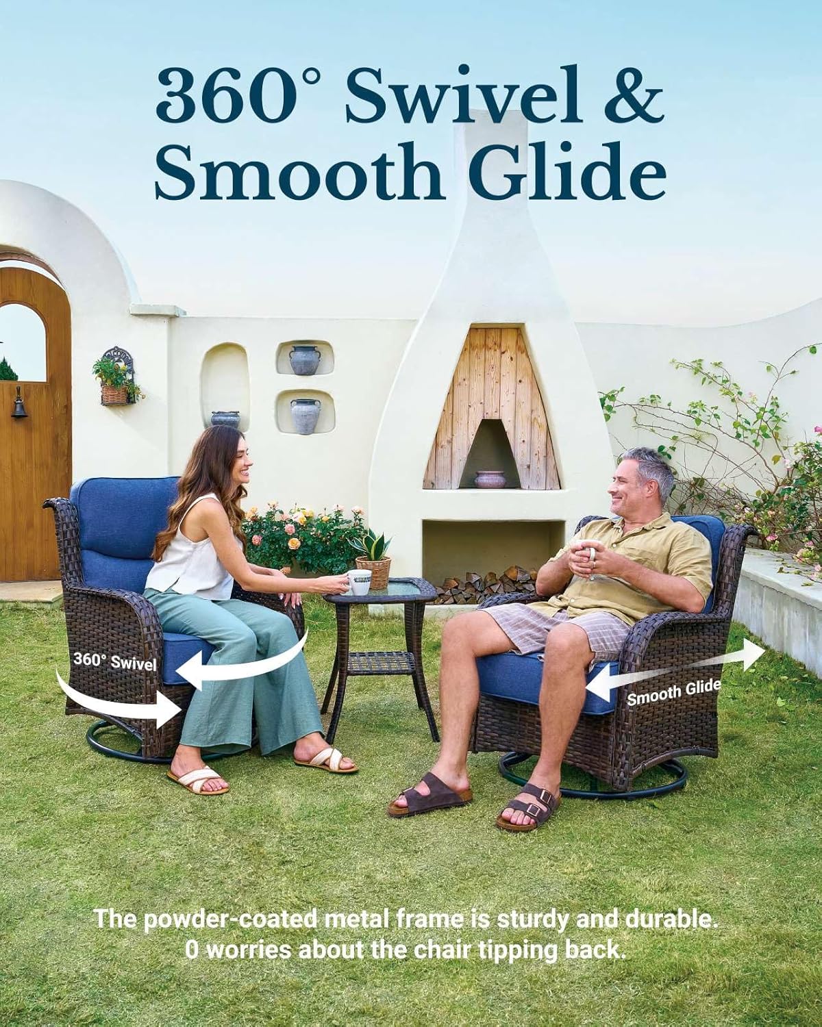 HILLGA Luxury Patio Furniture Set with 6-Inch Thick Cushions, High Back Outdoor Swivel Rocker Chairs and Table, 6-Piece All Weather Conversation Set for Porch Deck Balcony Yard, Blue (V3)