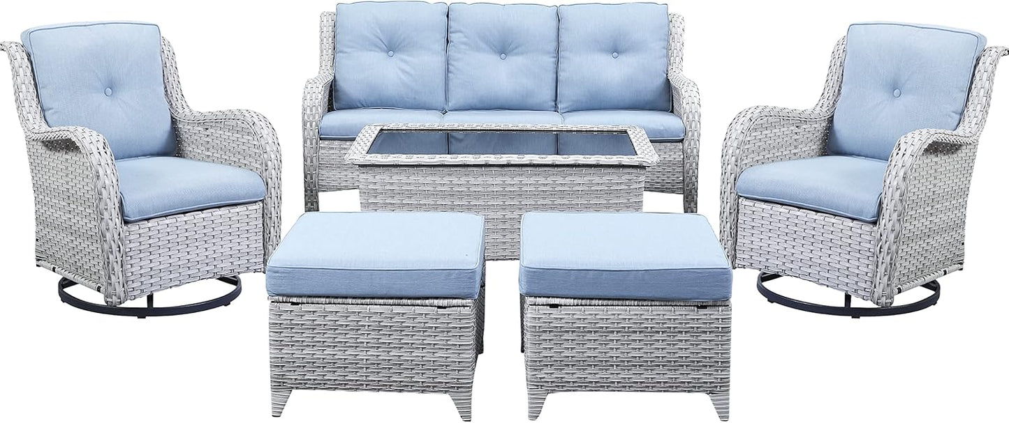 Wicker Outdoor Furniture Patio Furniture Set - 6 Piece Patio Conversation Set with Swivel Rocker Chairs, Rattan Sofa, Ottomans and Coffee Table, Baby Blue Cushion