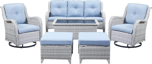 Wicker Outdoor Furniture Patio Furniture Set - 6 Piece Patio Conversation Set with Swivel Rocker Chairs, Rattan Sofa, Ottomans and Coffee Table, Baby Blue Cushion