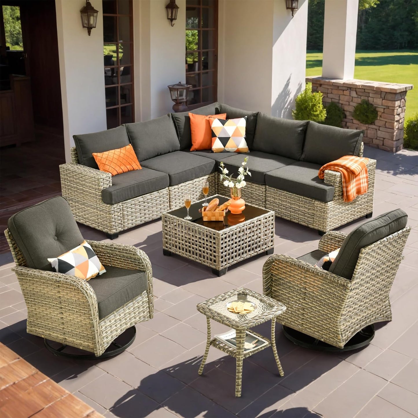HOOOWOOO Outdoor Sectional Patio Furniture Set,9 Pieces Wicker Conversation Sets L Shaped Couch,Extra Deep Out Door Sofa Outside Furniture with Rocking Chairs,Black