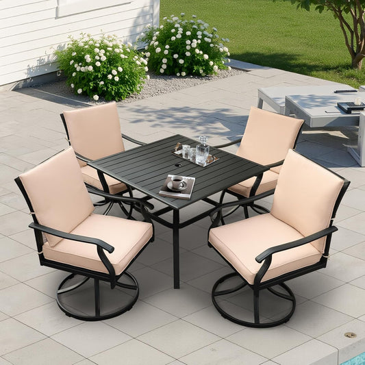 5-Piece Outdoor Patio Dining Set, Outdoor Patio Swivel Chair & Square Metal Patio Table, Outdoor Furniture Dining Set for Patio, Balcony, Lawn, Garden, Backyard (1 Square Table+ 4 Swivel Chairs)