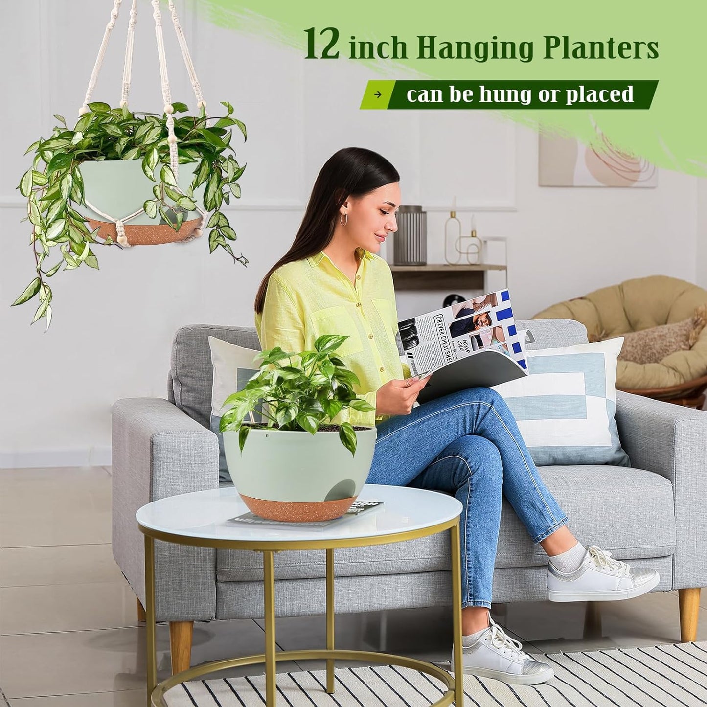 Hanging Planters for Outdoor Indoor Plants, 2 Pack 12 Inch Hanging Basket Plants Outdoor, Self Watering Hanging Planter with Plant Hanger for Garden Home Decoration (Green)