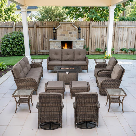 Grand 13 Pieces Outdoor Patio Furniture Set with 4 Swivel Glider Chairs and 50000 BTU Propane Fire Pit Table, Patio Conversation Set with Sofa and Wicker Side Table for Big Garden Backyard